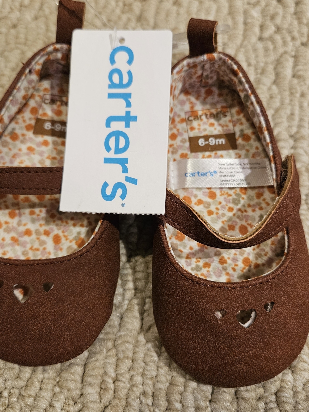 Carter's Brown Heart Cutout Mary Jane Baby Shoes 6-9 Months